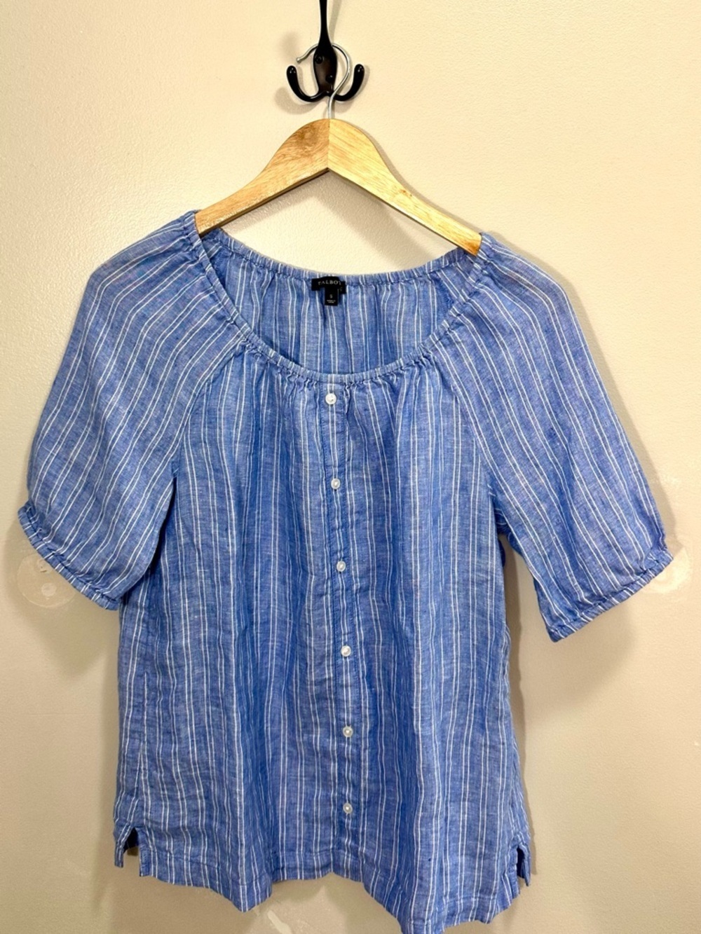 TALBOTS Womens Short Sleeve Top
Blue and White Stripe Linen Elastic Neck Size S